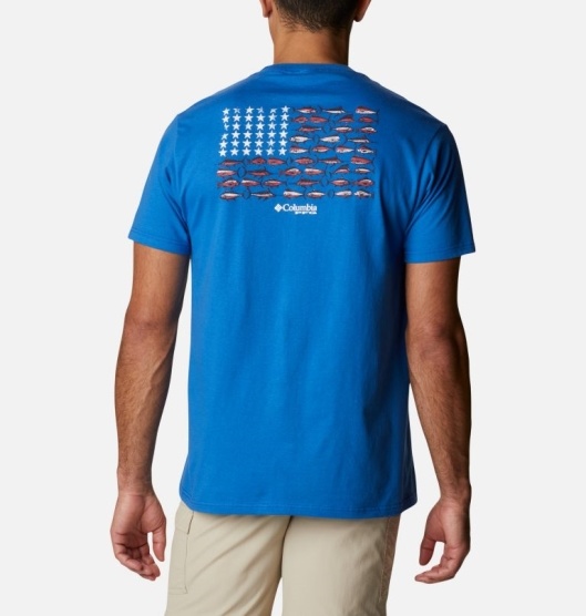 Blue Men's Columbia PFG T-Shirt | ZVKTOW-863
