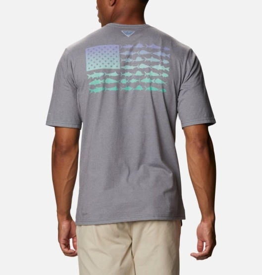 Grey Blue Green Men's Columbia PFG T-Shirt | YXDEHN-462